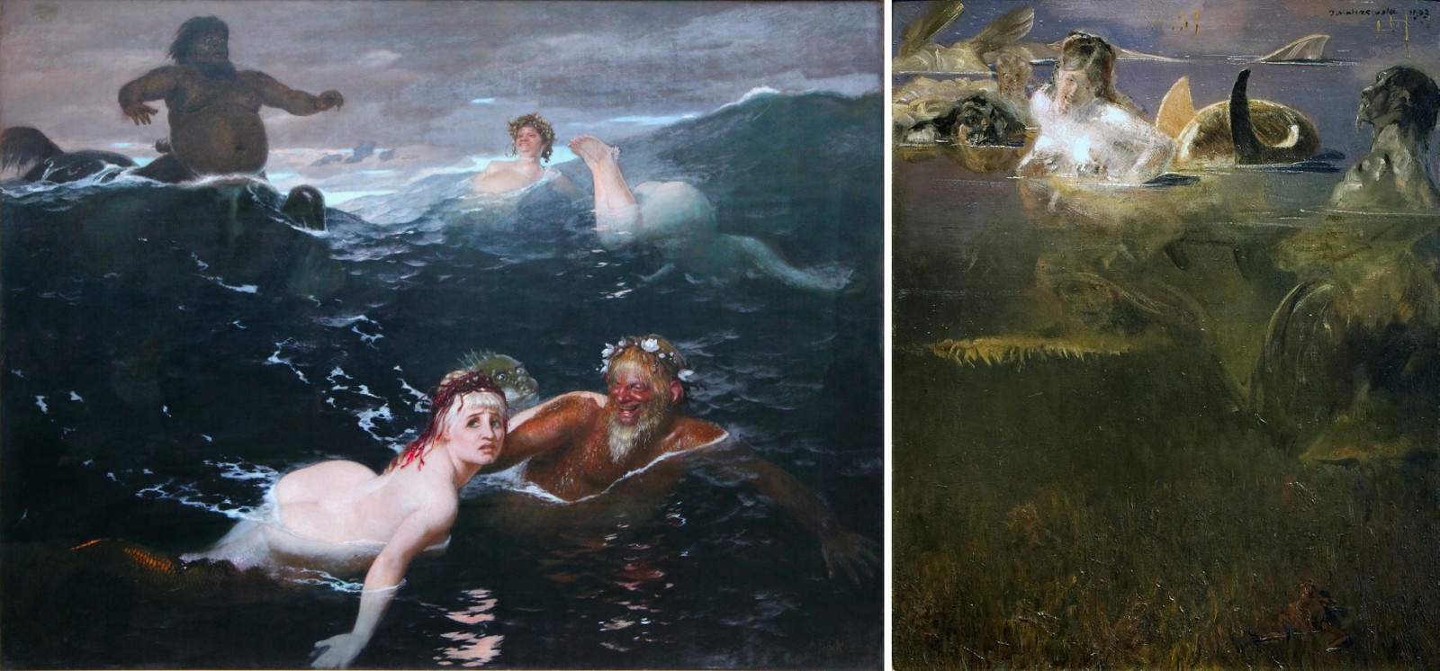A. Böcklino „Bangų žaismė“ (circa 1883) ir J. Malczewskio „Sirena ir tritonas“ (1903)