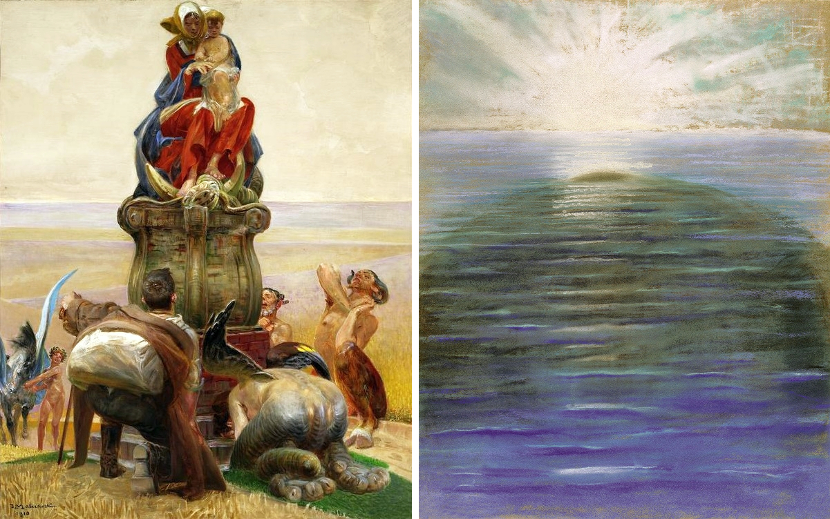 J. Malczewskio triptiko „Eik palei upelį“ (1909−1910) ir M. K. Čiurlionio triptiko „Himnas“ (1904) centriniai paveikslai
