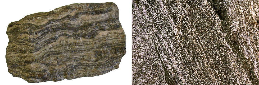 6 pav. a) gneisas, b) gneiso tekstūra / Fig. 6. a) gneiss, b) texture of gneiss