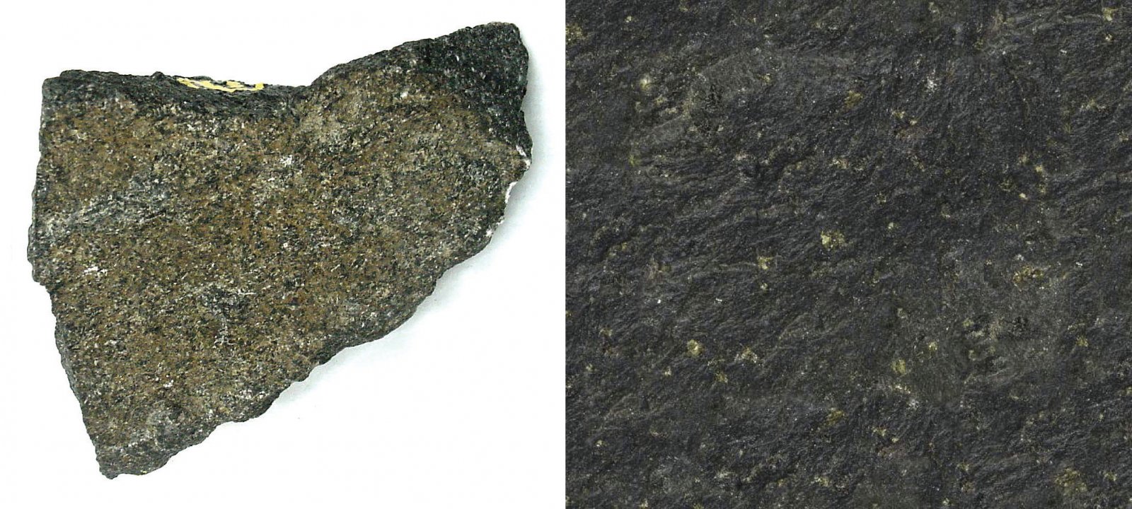 7 pav. a) bazaltas, b) bazalto tekstūra / Fig. 7. a) basalt, b) texture of basalt