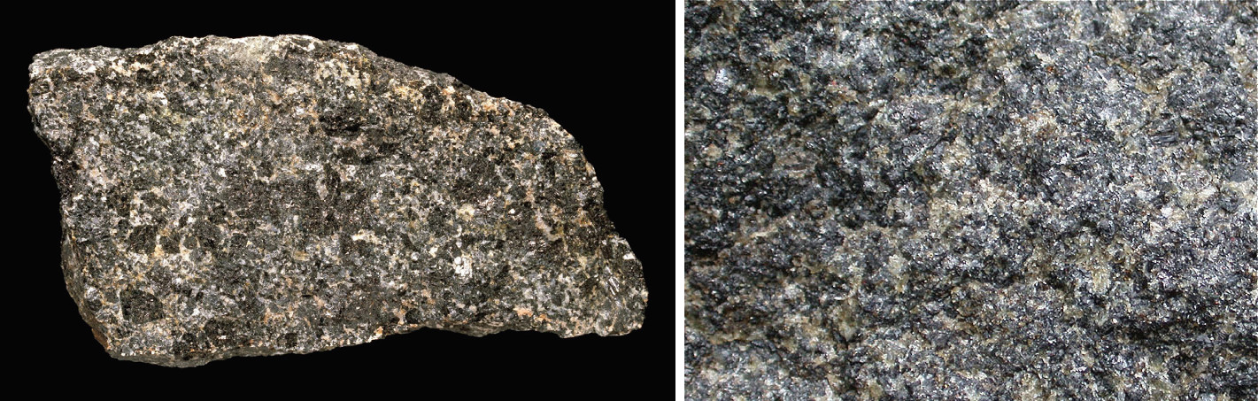 8 pav. a) gabras, b) gabro tekstūra / Fig. 8. a) gabbro, b) texture of gabbro