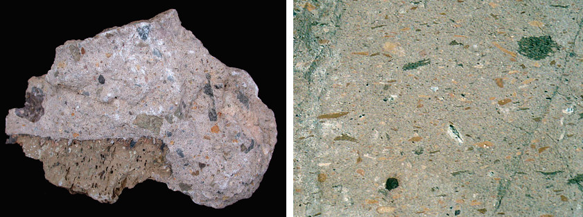 9 pav. a) piroklastinė uoliena, b) piroklastinės uolienos tekstūra / Fig. 9. a) pyroclastic rock, b) texture of pyroclastic rock