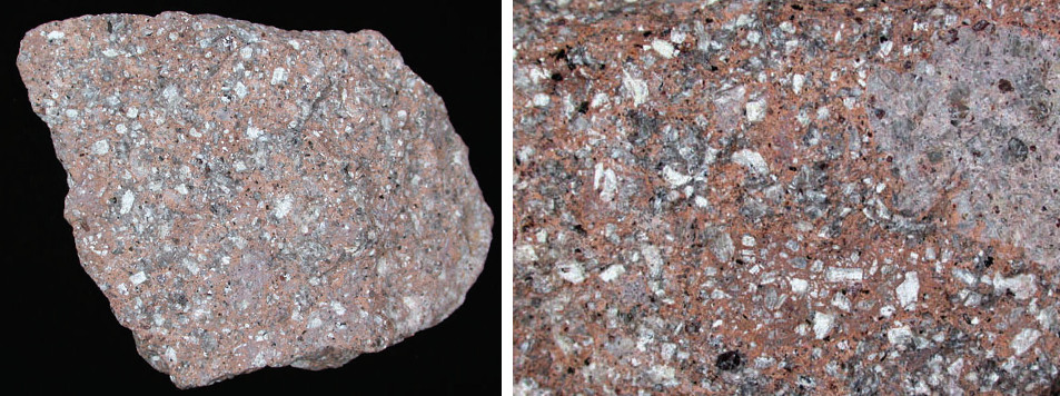 11 pav. a) riolitas, b) riolito tekstūra / Fig. 11. a) rhyolite, b) texture of rhyolite