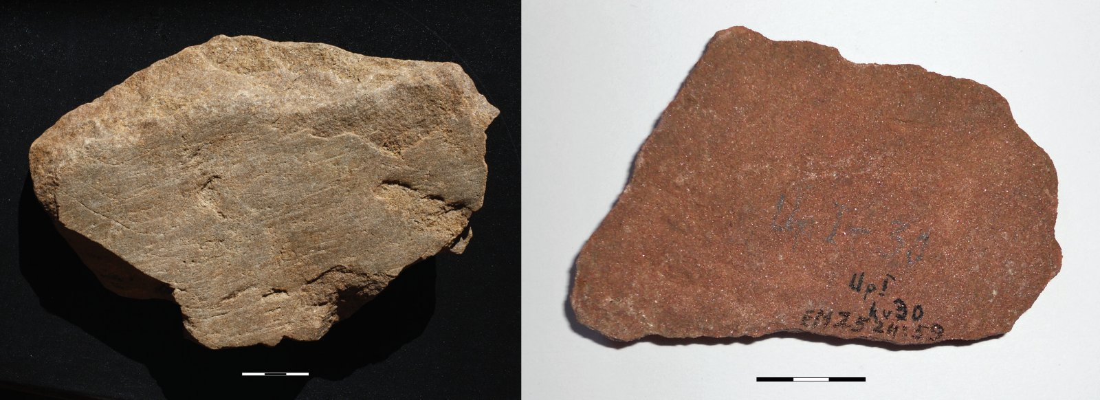 15 pav. Šlifavimo plokštės: a) Verbiškių 1, LNM (Vidmanto Balkūno nuotrauka), b) Upėtų 1 (Gabrielės Gudaitienės nuotrauka) / Fig. 15. Grinding plates: a) Verbiškės 1, b) Upėtai 1