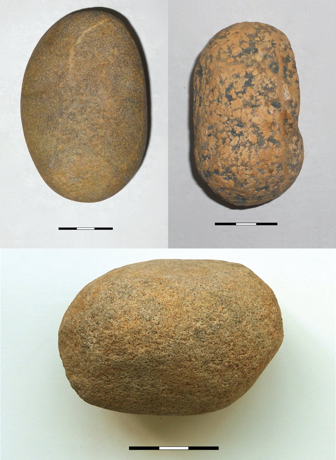 16 pav. Muštukai: a) Sudota 2, b) Sudota 2, c) Titnas 1A (Gabrielės Gudaitienės nuotrauka) / Fig. 16. Battering stones: a) Sudota 2, b) Sudota 2, c) Titnas 1A