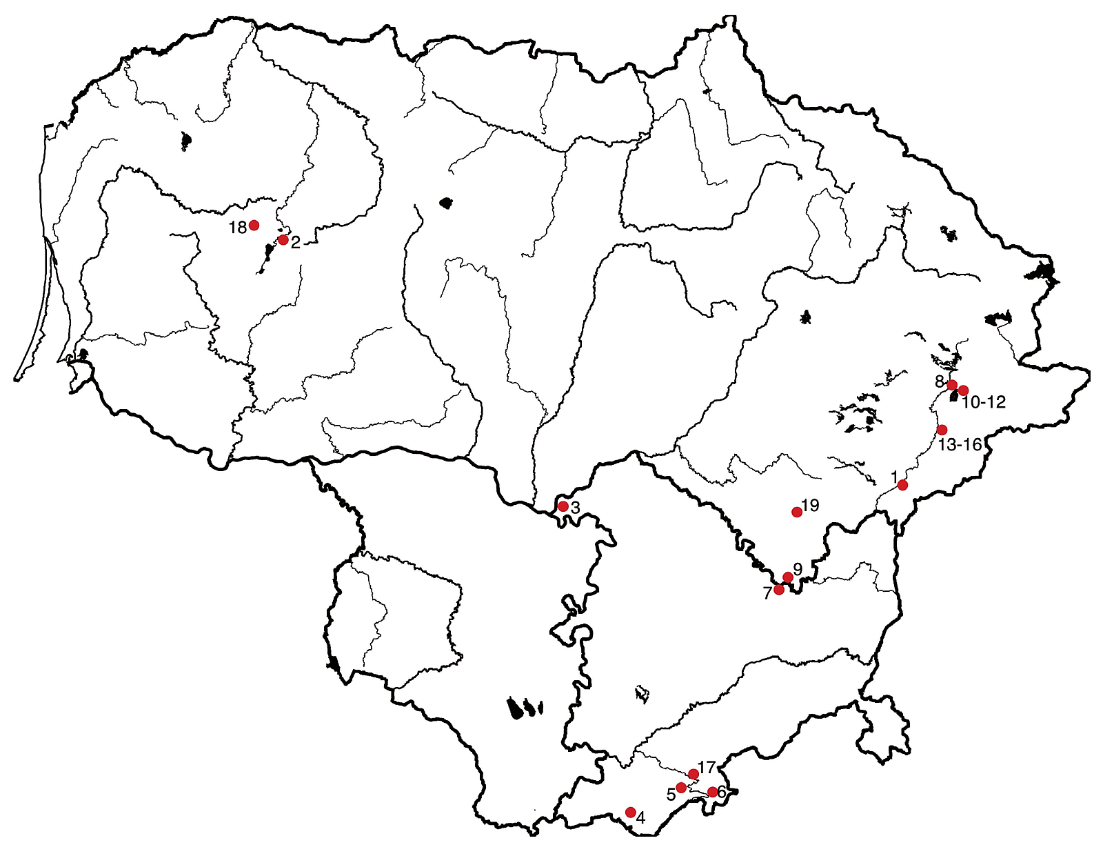 1 žemėlapis. Ikineolitinių gyvenviečių, kuriose aptikta netitnaginių uolienų radinių, paplitimas Lietuvoje (parengė Gabrielė Gudaitienė) / Map no. 1. Pre-Neolithic settlements in Lithuania where non-flint raw material artifacts were found