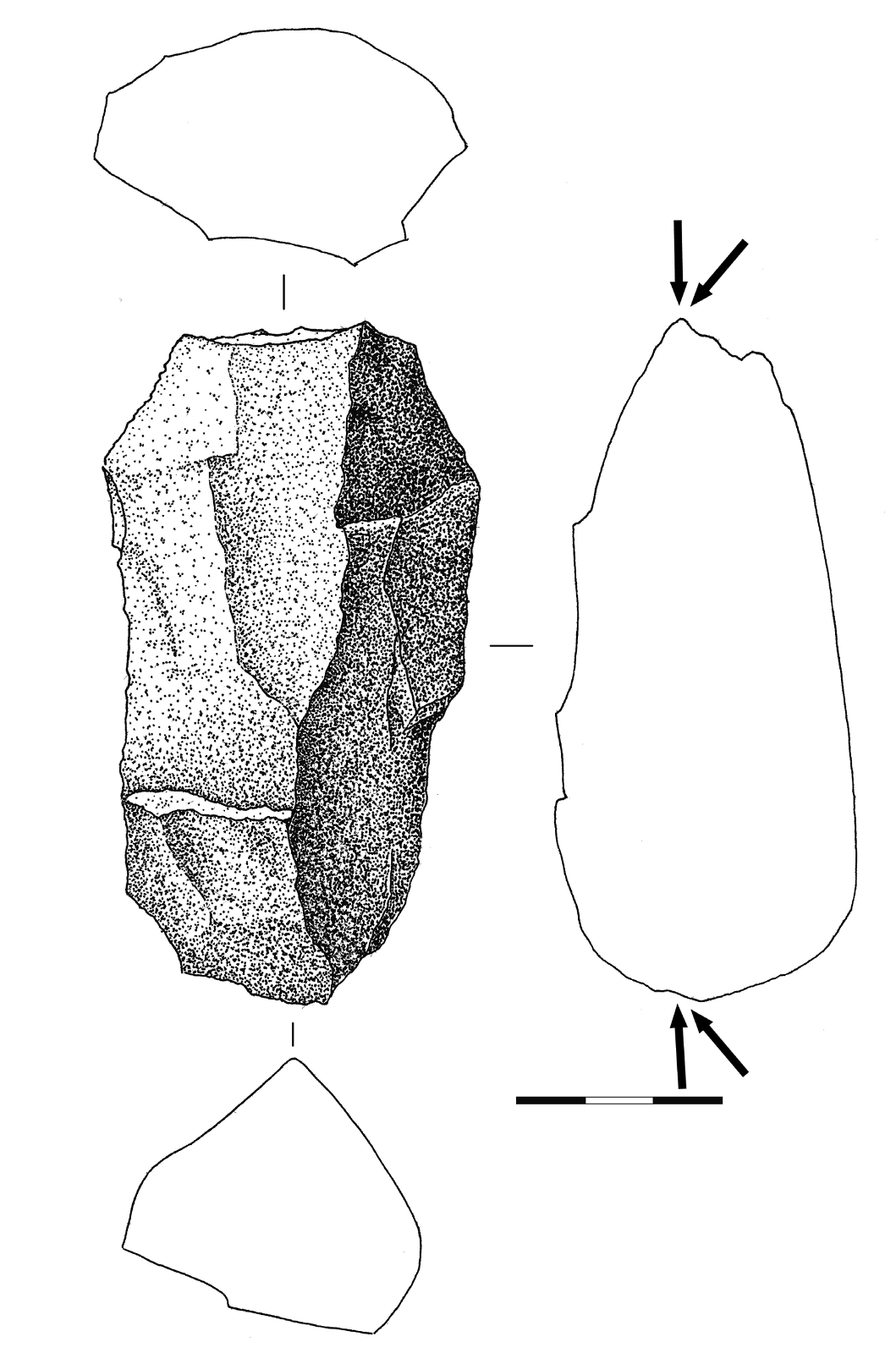 19 pav. Skaldytinis, Pasieniai 1, nr. 219, kvarcitas (Gabrielės Gudaitienės piešinys) / Fig. 19. Quartzite core no. 219 from Pasieniai 1 site