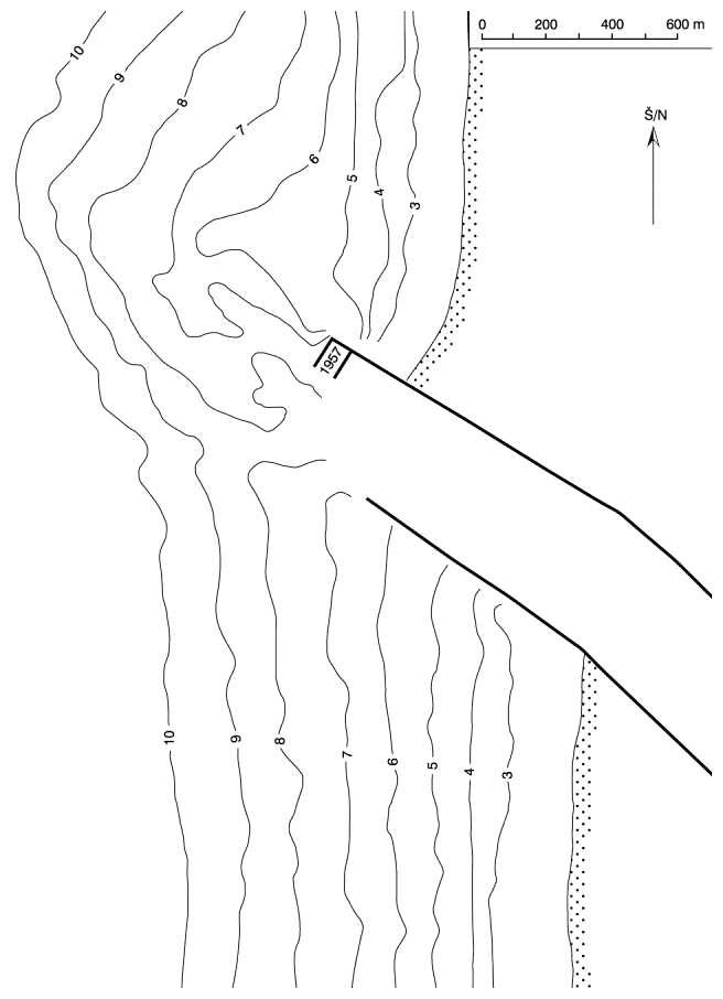 4 pav. R. Knapso pateiktas 1957 m. Klaipėdos priekrantės batimetrinis planas / Fig. 4. The Klaipėda nearshore bathymetry plan presented by R. Knaps in 1957