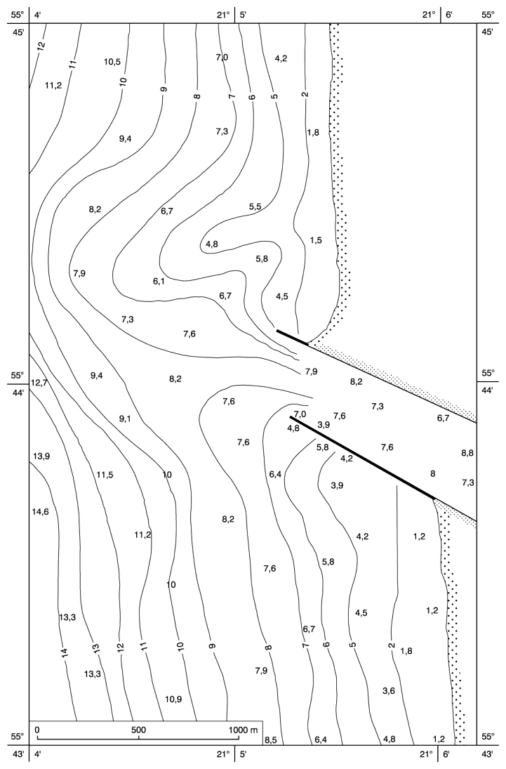 5 pav. Klaipėdos uosto prieigų dugno reljefo situacija 1959 m. (pagal 1969 m. išleistą jūrlapį „Klaipėda (Memel) and Approaches M 1:25000“, sudarytą panaudojus 1959 m. matavimų duomenis“ / Fig. 5. The situation of bottom topography at the approach to the Klaipėda Harbor in 1959 (after the chart “Klaipėda (Memel) and Approaches M 1:25000” compiled according to the measurements done in 1959 and published in 1969)