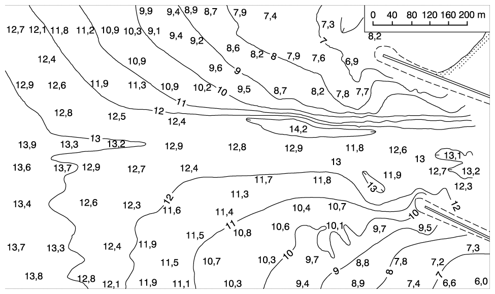 8 pav. Klaipėdos uosto barinio įplaukos kanalo batimetrinis planas, parengtas pagal uosto tarnybų 1989 08 28 matavimų duomenis / Fig. 8. A bathymetry plan of the Klaipėda Harbor bar entrance channel, compiled according to the measurements done by harbor services on 28 August 1989