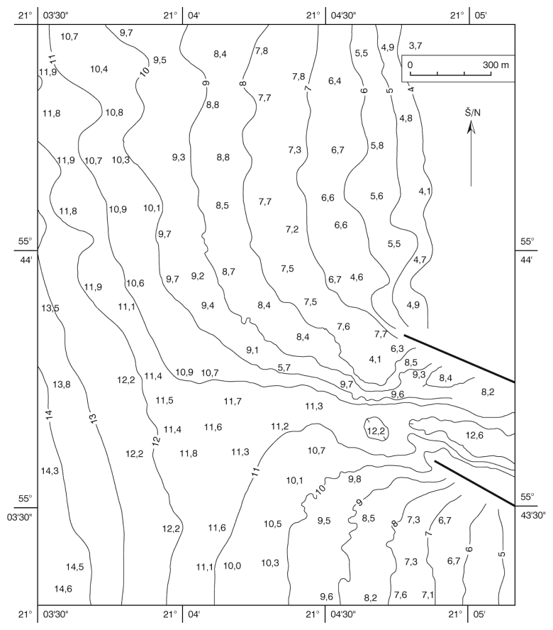 9 pav. Ties Klaipėdos uosto įplauka esančios priekrantės batimetrinis planas, sudarytas pagal 1997 m. birželio 18 d. matavimų duomenis / Fig. 9. A bathymetry plan of the nearshore at the entrance to the Klaipėda Harbor, compiled according to the measurements done on 18 June 1997