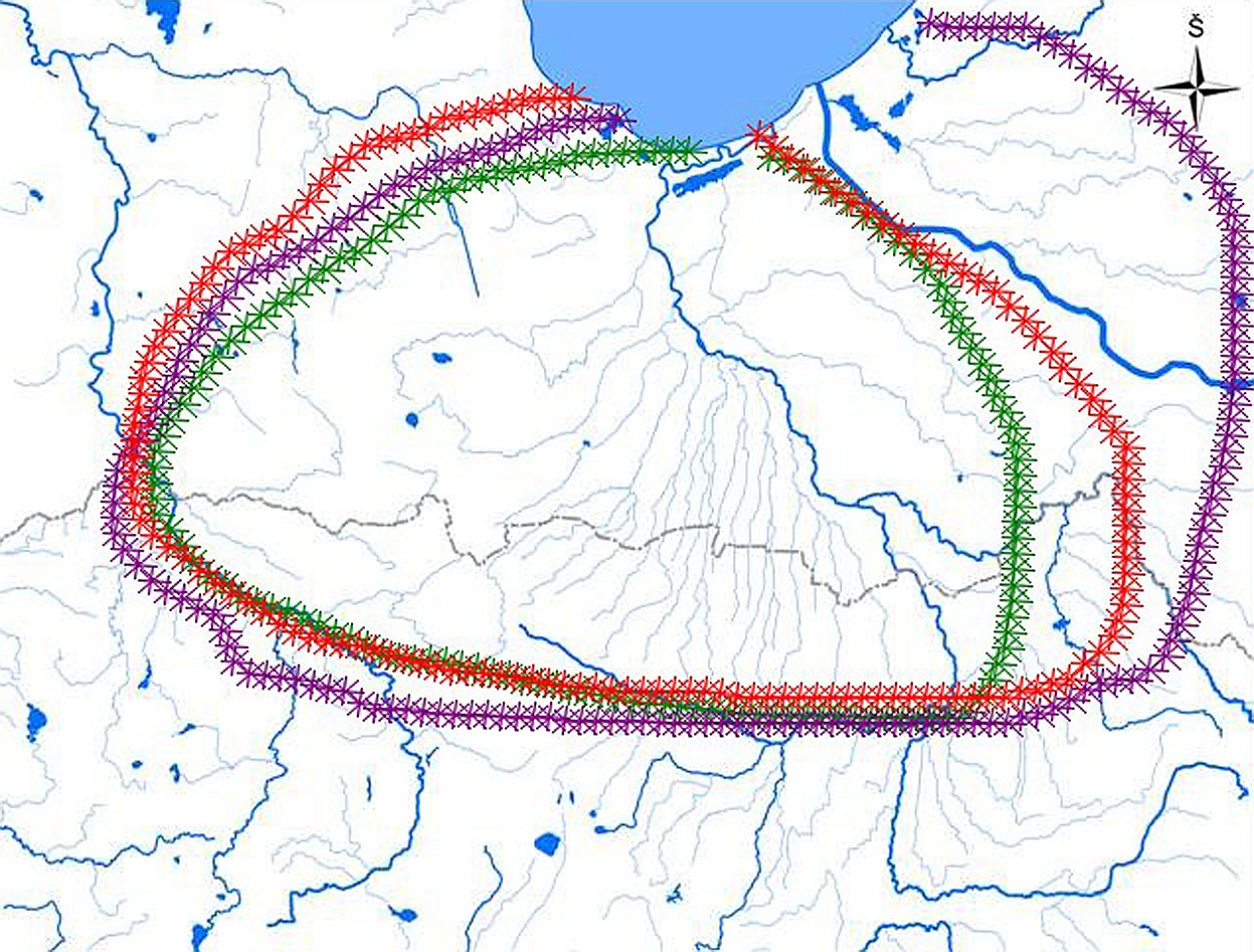 4 pav. Žiemgalos ribos: 1 – 1926 m. išleistoje Latvijos istorijoje, 2 (I–IV a.) ir 3 (V–IX a.). – 1938 m. išleistoje Latvijos archeologijoje