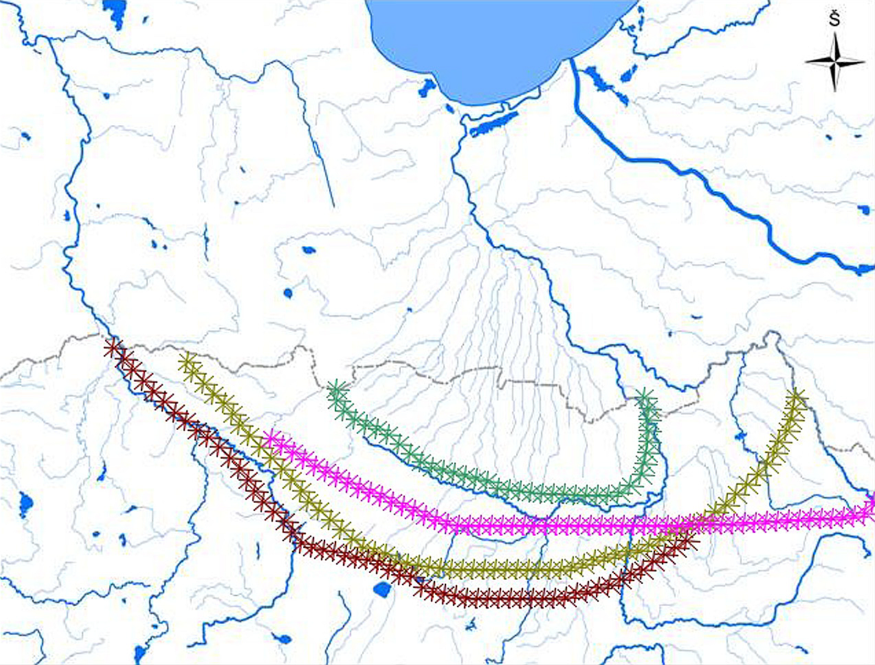 6 pav. Žiemgalos pietinės ribos: J. Puzino (1), M. Alseikaitės (2), A. Tautavičiaus (3), R. Volkaitės-Kulikauskienės (4)