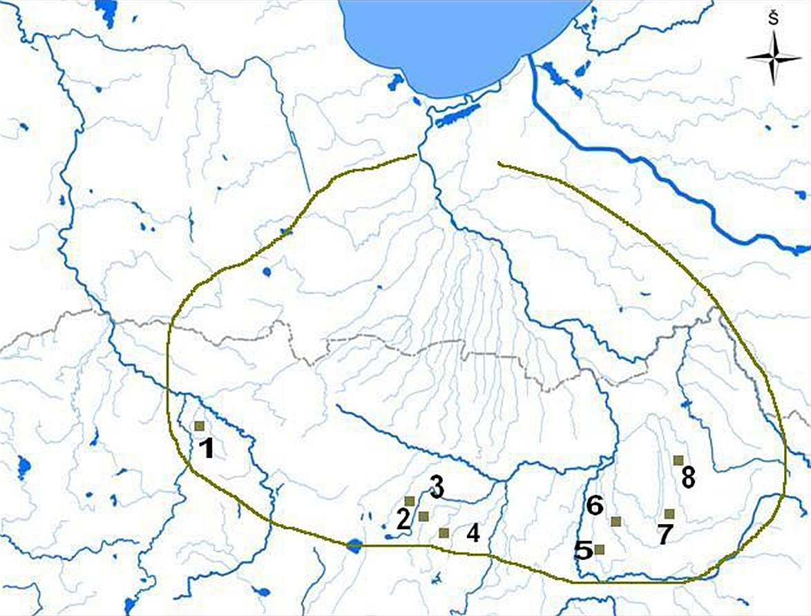 7 pav. Labiausiai į VP, P ir RP nutolę žiemgalių kapinynai: 1 – Pavirvytė, 2 – Stačiūnai, 3 – Šukioniai, 4 – Meldiniai, 5 – Pumpėnai, 6 – Smilgeliai, 7 – Anciškiai, 8 – Vabalninkas