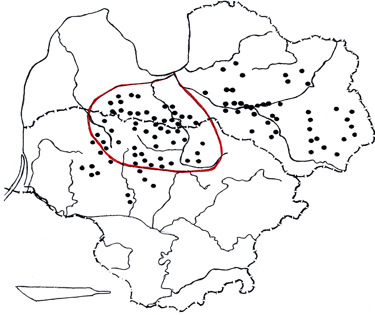 10 pav. Plačiųjų kovos peilių-kalavijų paplitimo žemėlapis remiantis V. Kazakevičiumi