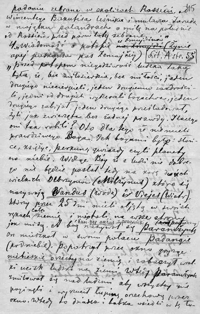 2 pav. Padavimo „Wiadomości o potopie u Źmujdzinów“ („Žynia apej paskanda pas Žemajčių“) fragmentas, LVIA, f. 1135, ap. 10, b. 179, l. 45