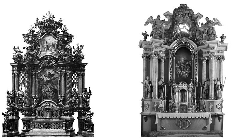 3 pav. XVIII a. retabulai: J. M. Götz, Šv. Mykolo bažnyčia Passau, 1720–1730; Prienų Kristaus Apsireiškimo bažnyčios didysis altorius, 1767–1769 (S. Ašmenavičiūtės schemos ir rekonstrukcija)