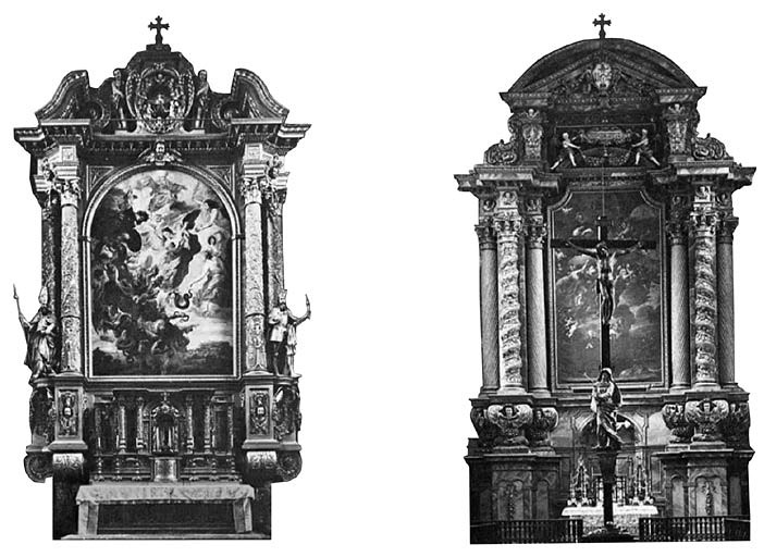 2 pav. XVII a. vidurio retabulai: Philip Dirr, Freisingo katedra, 1625; Landshuto Jėzuitų bažnyčia, 1663 (S. Ašmenavičiūtės schemos, 2011)