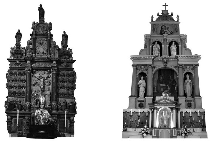 1 pav. XVII a. I ketvirčio retabulai: Kiedrich am Rheingau (Vokietija) Šv. Valentino bažnyčia, 1620; Skarulių Šv. Onos bažnyčia, po 1622 (S. Ašmenavičiūtės schemos, 2011)