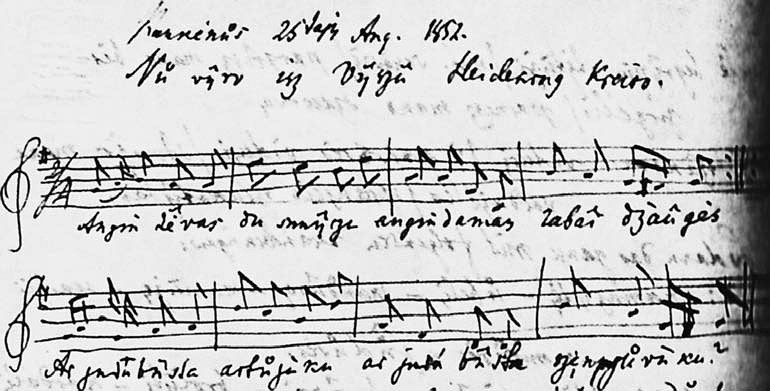 3 pav. A. Schleicherio 1852 m. rugpjūčio 25 d. laiške P. Šafaříkui esančios dainos „Augin tėvas du sūnyčiu“ melodijos rankraštis