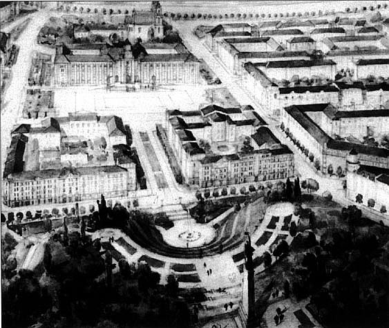 1 pav. V. Mikučianio pasiūlymas centrinio Vilniaus ansamblio detalizavimo konkursui: panoraminis naujosios ašies vaizdas, 1947