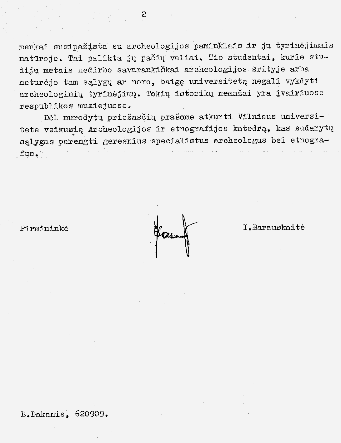 1 pav. I. Barauskaitės raštas rektoriui J. Kubiliui