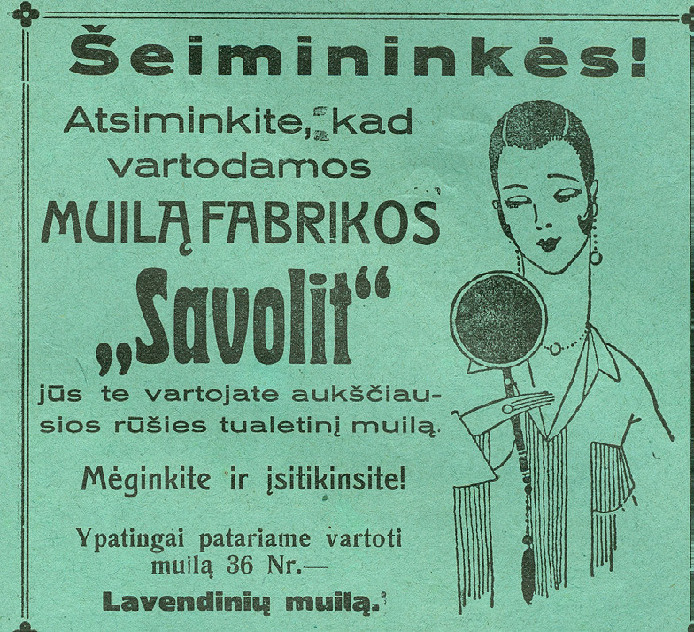 10 pav. Rankinis art deco stiliaus veidrodėlis muilo fabriko „Savolit“ reklamoje