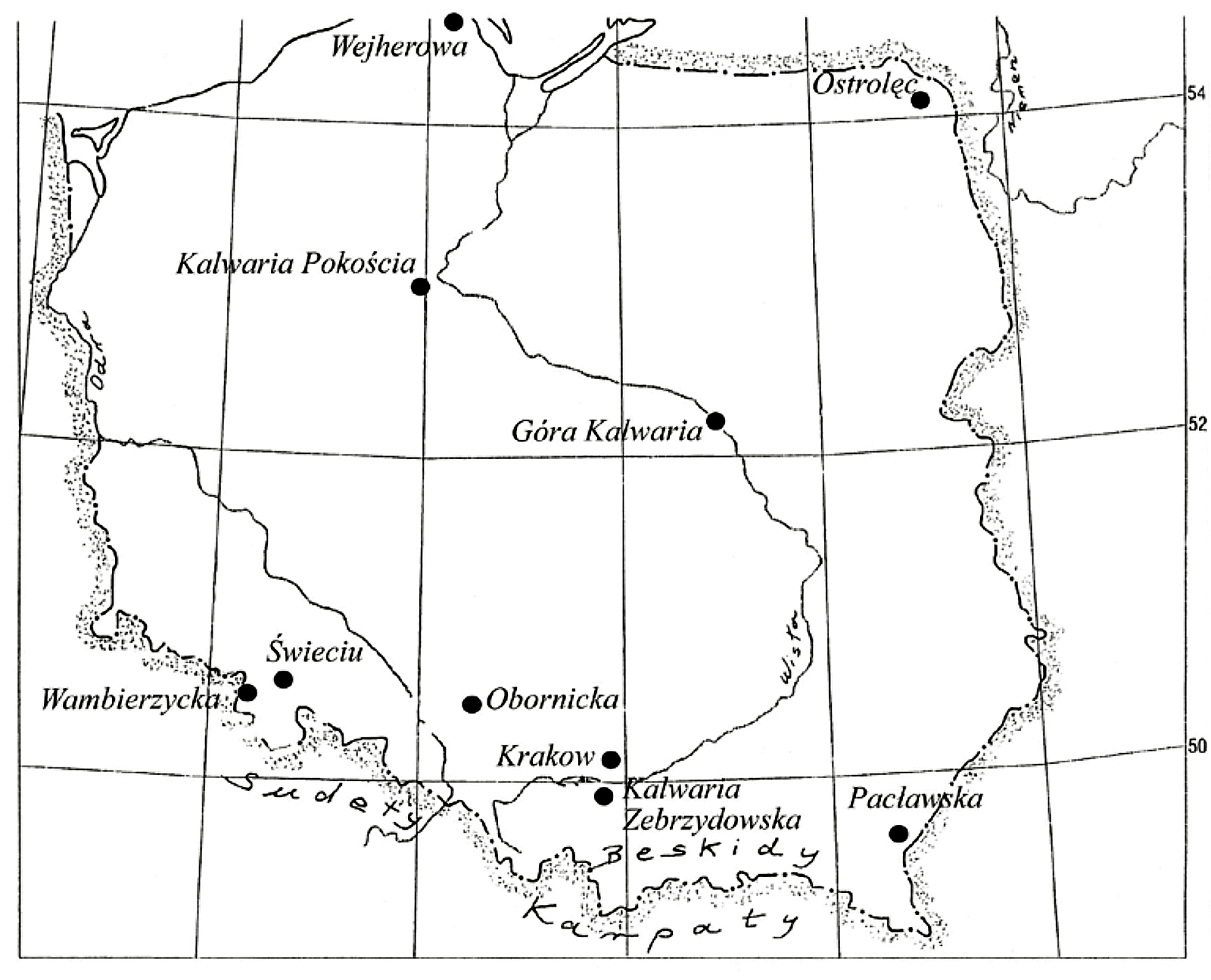 Paveikslas nr. 2. Pagrindinių kalvarijų Kryžiaus kelių lokalizacija Lenkijoje