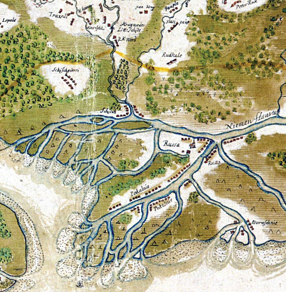 1 pav. Juozapo Narūnavičiaus-Naronskio Klaipėdos valsčiaus žemėlapio fragmentas (apie 1670 m.), kuriame matyti Šyšos (Schisch) kaimas / Fig. 1. Part of Juozapas Narūnavičius-Naronskis’ Map of the Memel District (ca 1670) showing the village of Schisch (Šyša)