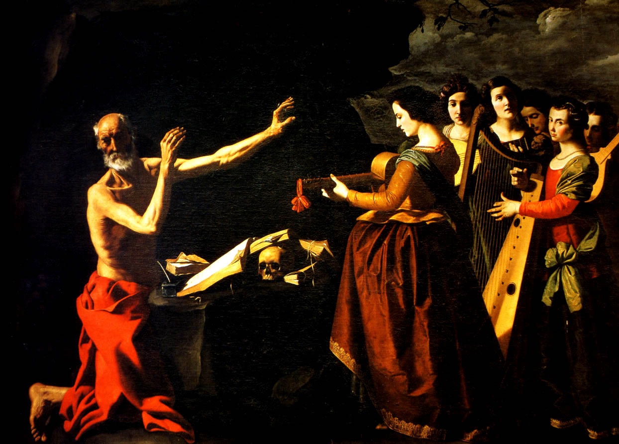 Francisco de Zurbarán (1598–1664), „Šv. Jeronimas, tyruose kankinamas prisiminimų (gr. λογίσμοι) apie Romos šokančias merginasi“