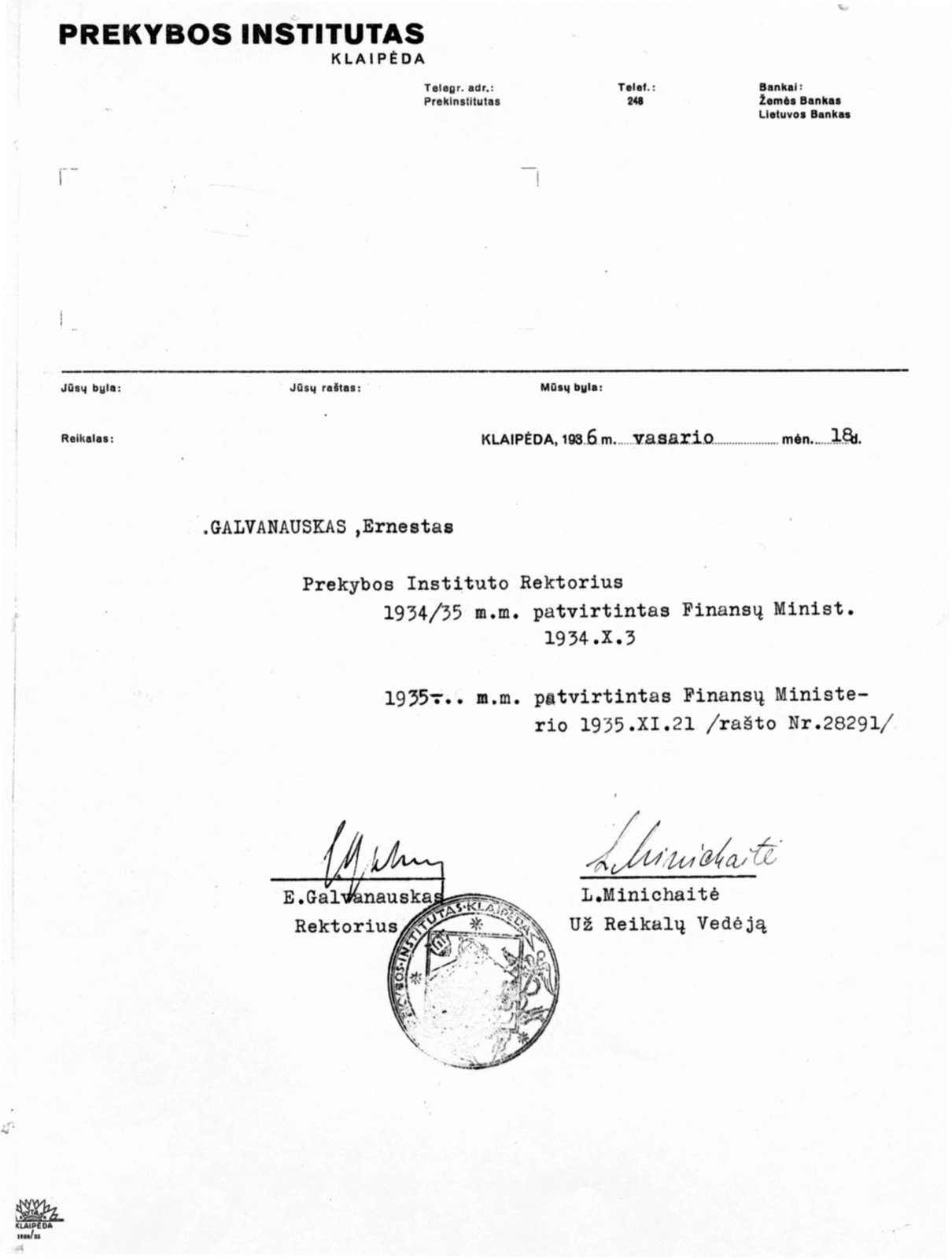 2 il. E. Galvanausko patvirtinimo Prekybos instituto rektoriumi išrašo faksmilė (LCVA, f. 391, ap. 7, b. 1446, l. 2)