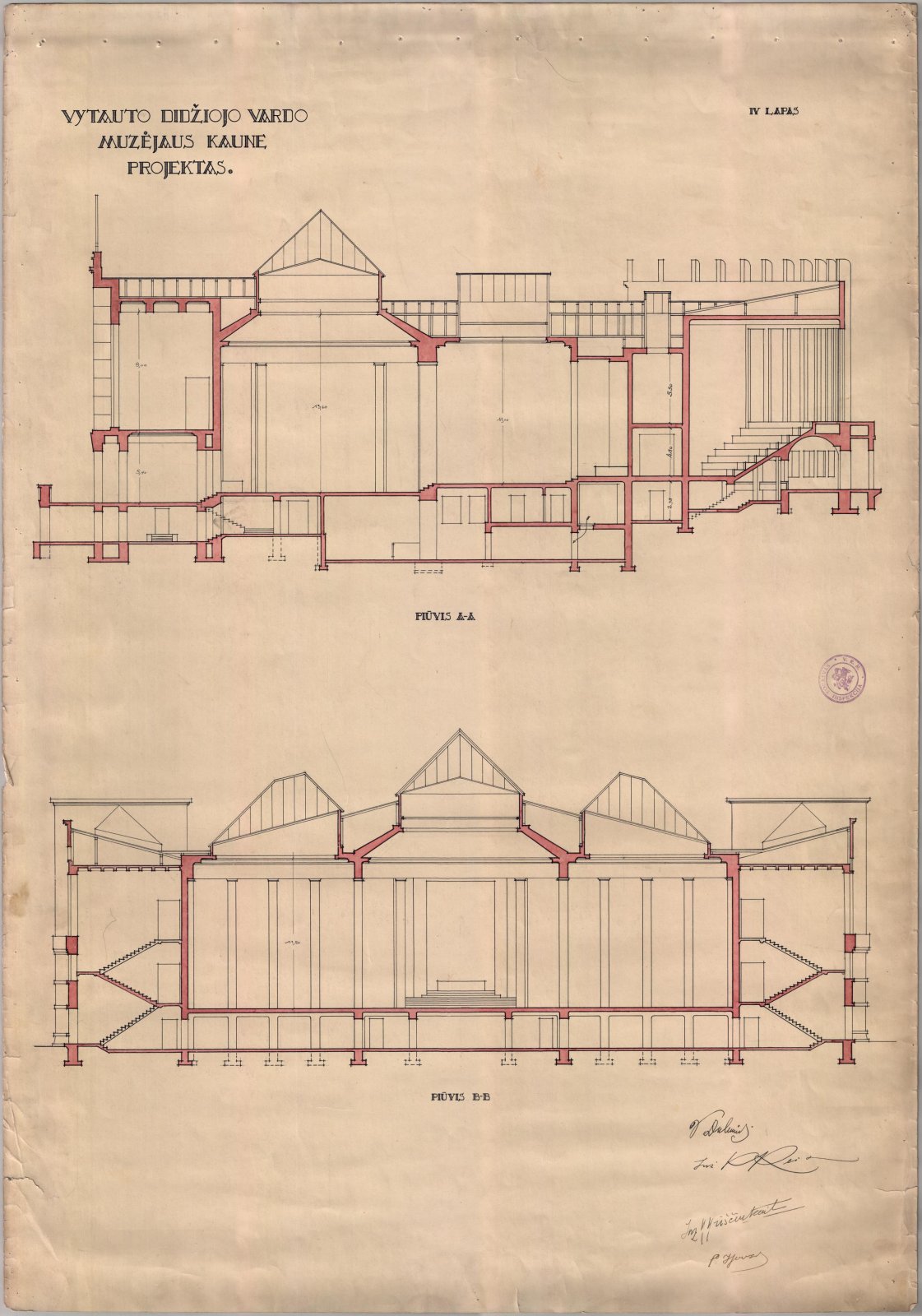 3 il. Vladimiras Dubeneckis, Karolis Reisonas, Kazys Kriščiukaitis, Antanas Jokimas. Vytauto Didžiojo vardo muziejaus Kaune projektas. 1931. IV brėžinio lapas. Pjūviai A-A, B-B. Nacionalinis M. K. Čiurlionio dailės muziejus ČDM FDS G-159303/4