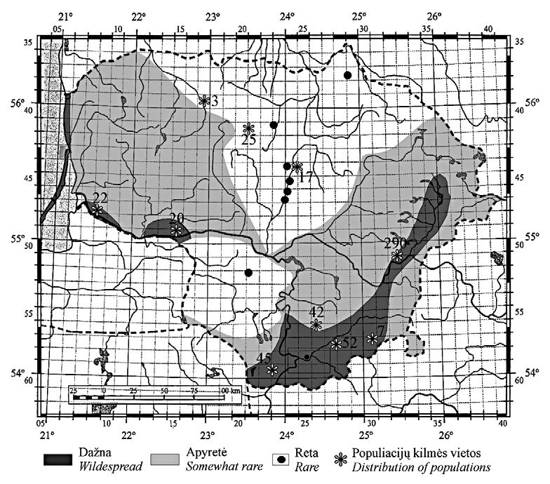 Paveikslas. „Festuca trachyphylla“ paplitimas Lietuvoje / Figure. Distribution of “Festuca trachyphylla” in Lithuania