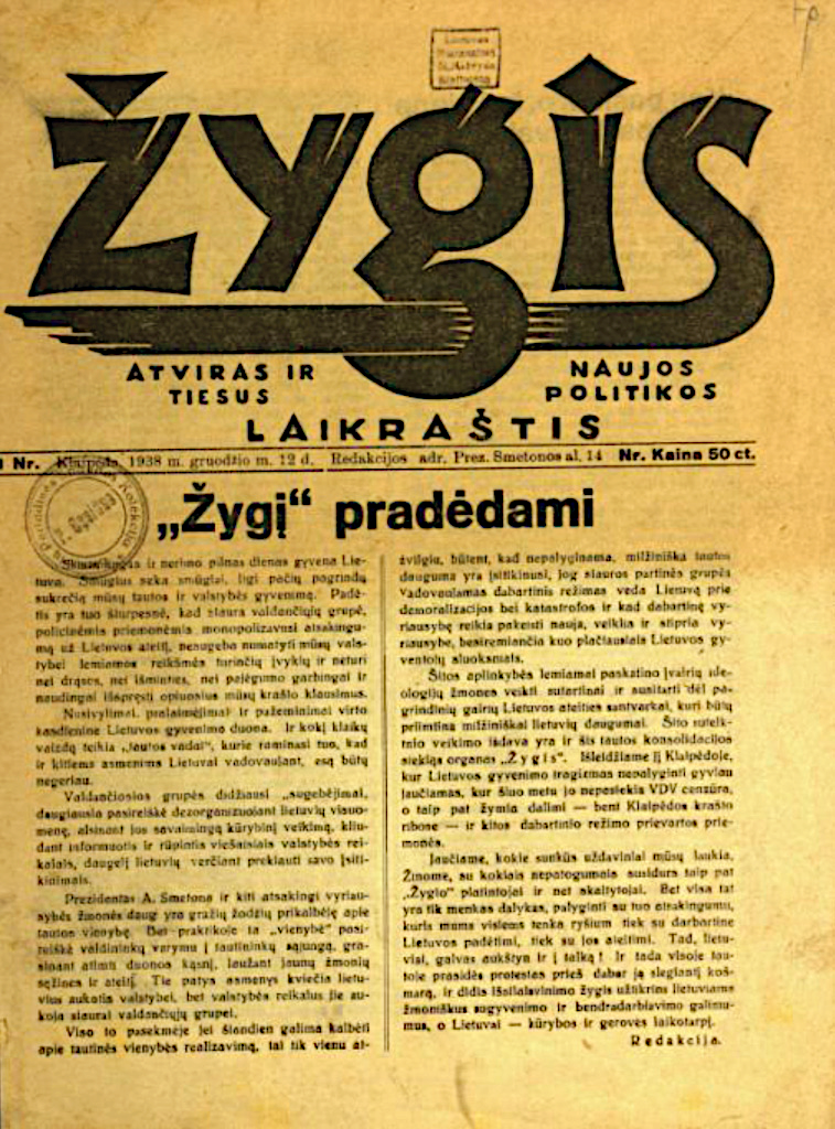 1 pav. Žurnalo „Žygis“ 1938 m. nr. 1 pirmasis puslapis