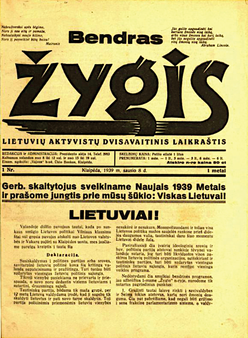 2 pav. Žurnalo „Bendras žygis“ 1939 m. nr. 1 pirmasis puslapis