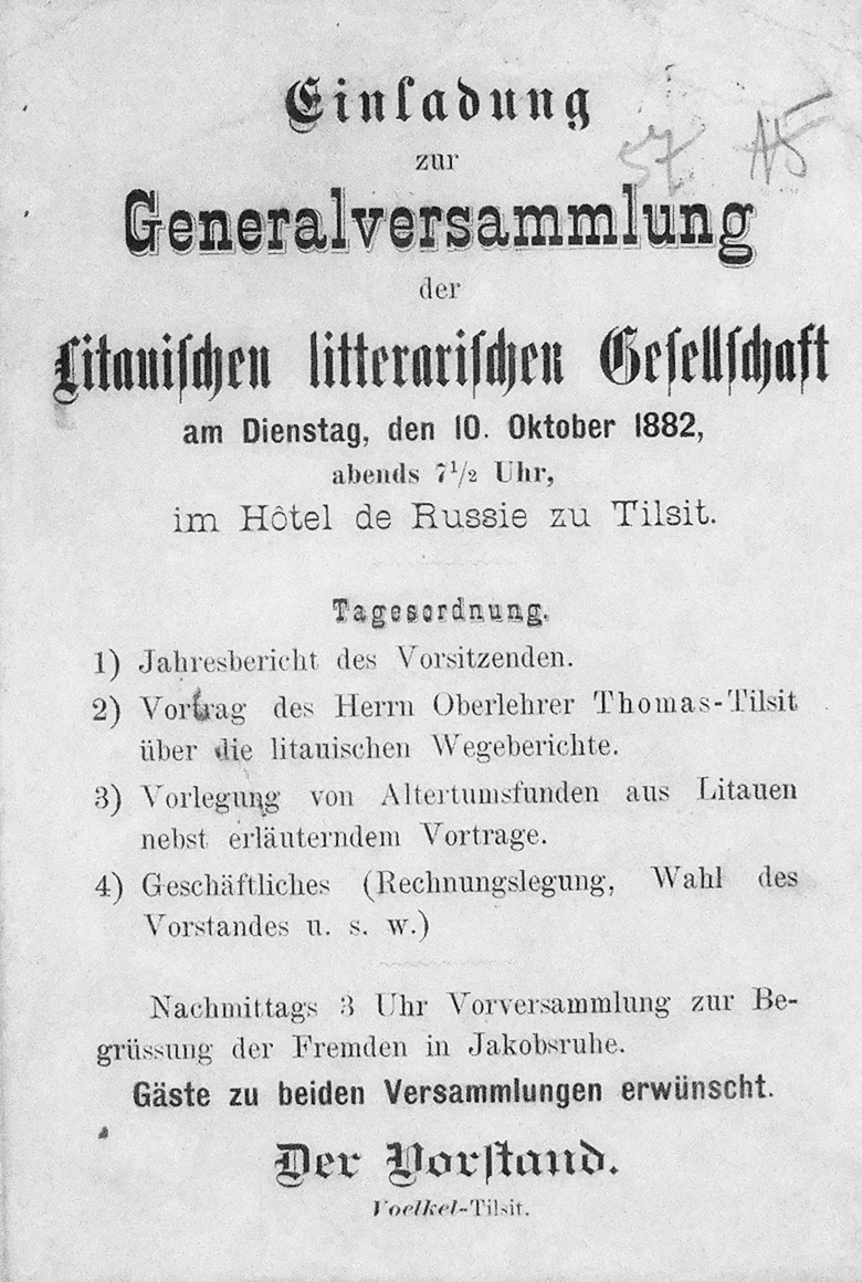 10 pav. Lietuvių literatūros draugijos (vok. „Litauische litterarische Gesellschaft“) skelbimas