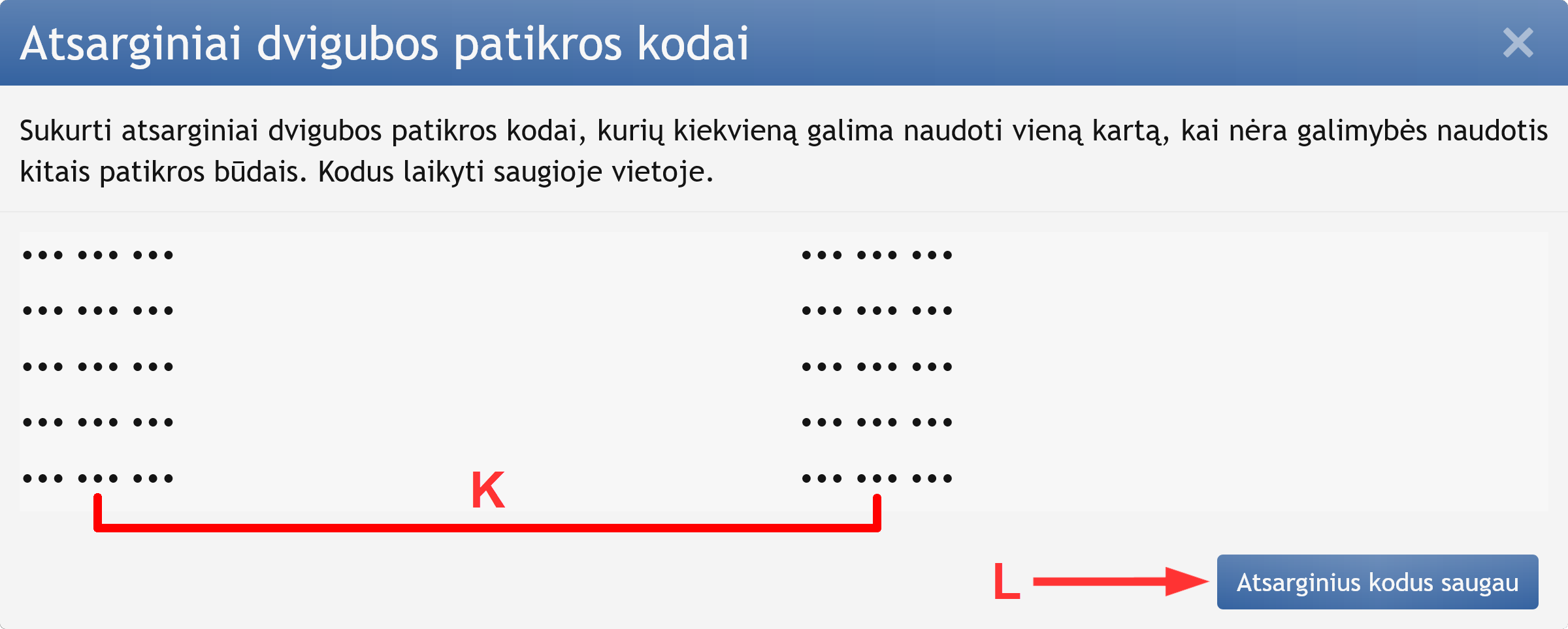15. Į saugią vietą kopijuojami atsarginiai dvigubos patikros kodai